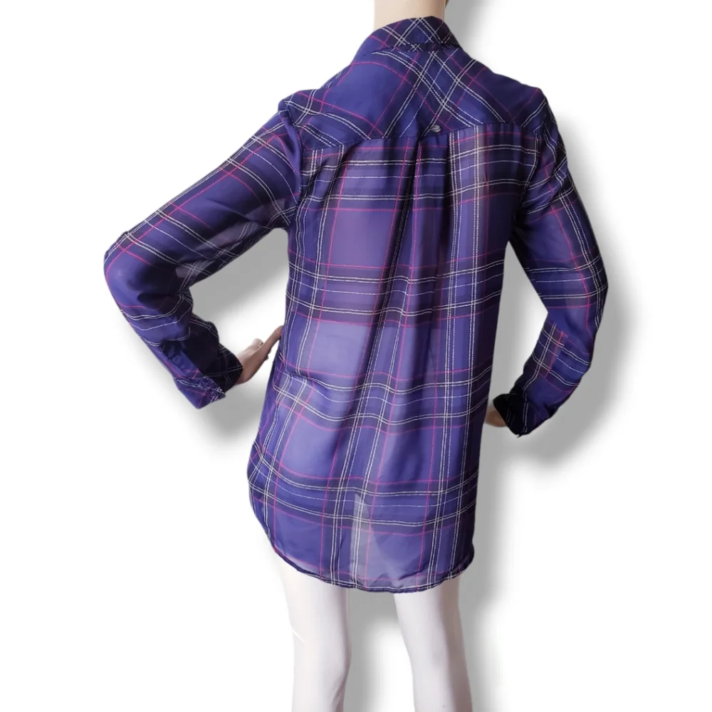Guess Purple & Pink Plaid Print Chiffon Sheer Long Sleeve Blouse Size Small - Picture 7 of 8